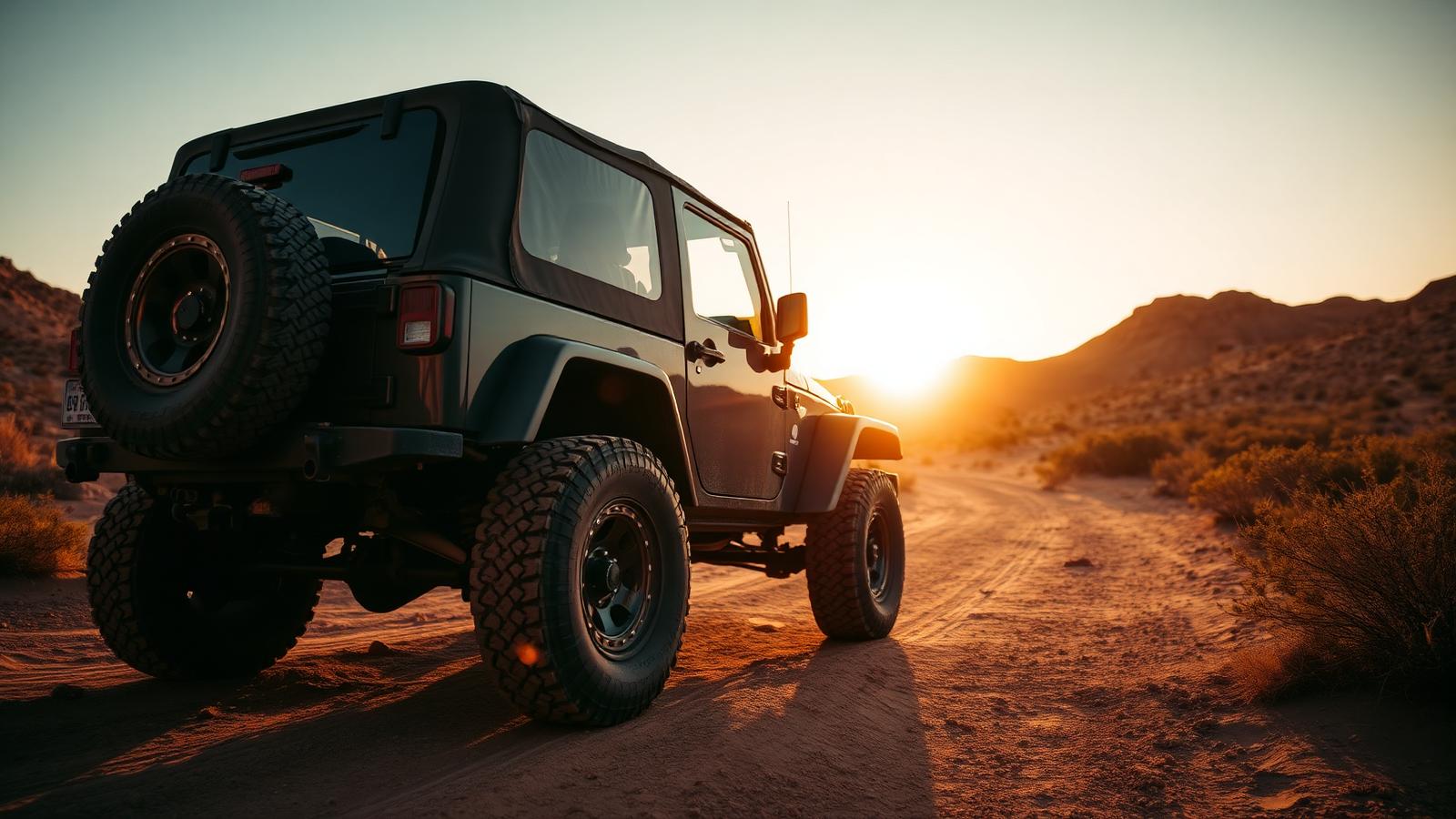 Jeep Wrangler on a desert trail at sunset